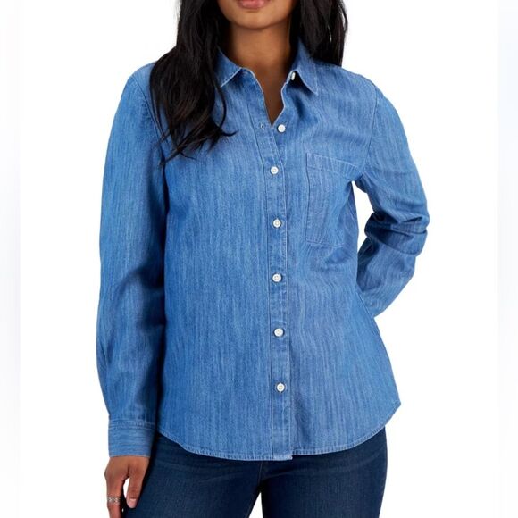 Style & Co. Chambray Boyfriend Shirt Women's Size M Blue Button-Down - Picture 3 of 16